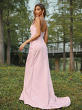 A-Line/Princess Stretch Crepe Ruched V-neck Sleeveless Sweep/Brush Train Bridesmaid Dresses Evening Dress
