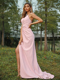A-Line/Princess Stretch Crepe Ruched V-neck Sleeveless Sweep/Brush Train Bridesmaid Dresses Evening Dress
