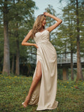 A-Line/Princess Stretch Crepe Ruched V-neck Sleeveless Sweep/Brush Train Bridesmaid Dresses Evening Dress