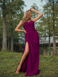 A-Line/Princess Stretch Crepe Ruched V-neck Sleeveless Sweep/Brush Train Bridesmaid Dresses Evening Dress