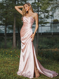 Sheath/Column Silk like Satin Ruched Sweetheart Sleeveless Sweep/Brush Train Bridesmaid Dresses Evening Dress