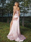 Sheath/Column Silk like Satin Ruched Sweetheart Sleeveless Sweep/Brush Train Bridesmaid Dresses Evening Dress