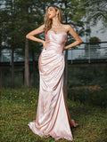 Sheath/Column Silk like Satin Ruched Sweetheart Sleeveless Sweep/Brush Train Bridesmaid Dresses Evening Dress