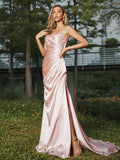 Sheath/Column Silk like Satin Ruched Sweetheart Sleeveless Sweep/Brush Train Bridesmaid Dresses Evening Dress