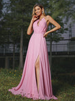 A-Line/Princess Chiffon Ruched Scoop Sleeveless Sweep/Brush Train Bridesmaid Dresses Evening Prom Dress