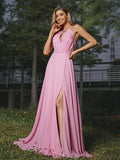 A-Line/Princess Chiffon Ruched Scoop Sleeveless Sweep/Brush Train Bridesmaid Dresses Evening Prom Dress