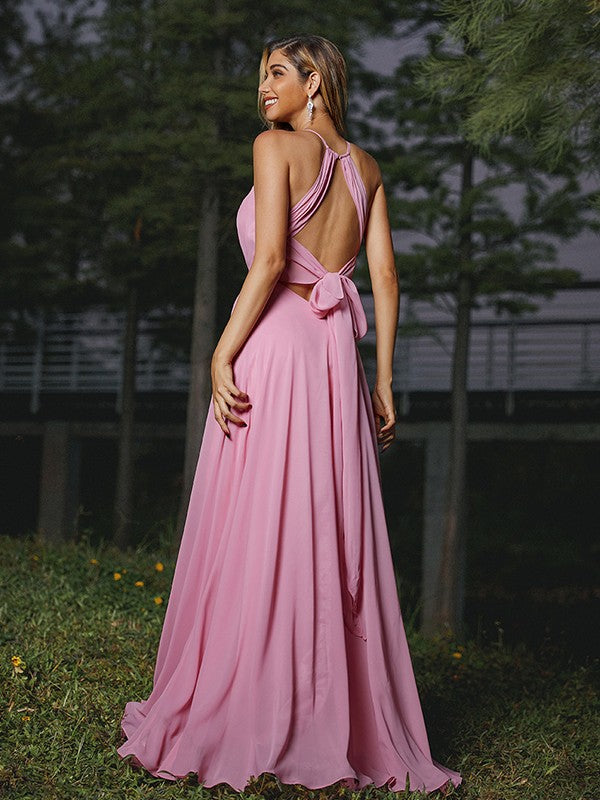 A-Line/Princess Chiffon Ruched Scoop Sleeveless Sweep/Brush Train Bridesmaid Dresses Evening Prom Dress