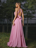 A-Line/Princess Chiffon Ruched Scoop Sleeveless Sweep/Brush Train Bridesmaid Dresses Evening Prom Dress