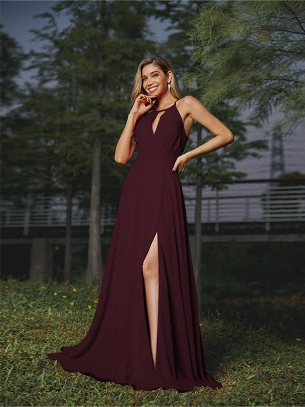 A-Line/Princess Chiffon Ruched Scoop Sleeveless Sweep/Brush Train Bridesmaid Dresses Evening Prom Dress