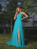 A-Line/Princess Chiffon Ruched Scoop Sleeveless Sweep/Brush Train Bridesmaid Dresses Evening Prom Dress