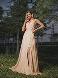 A-Line/Princess Chiffon Ruched Scoop Sleeveless Sweep/Brush Train Bridesmaid Dresses Evening Prom Dress