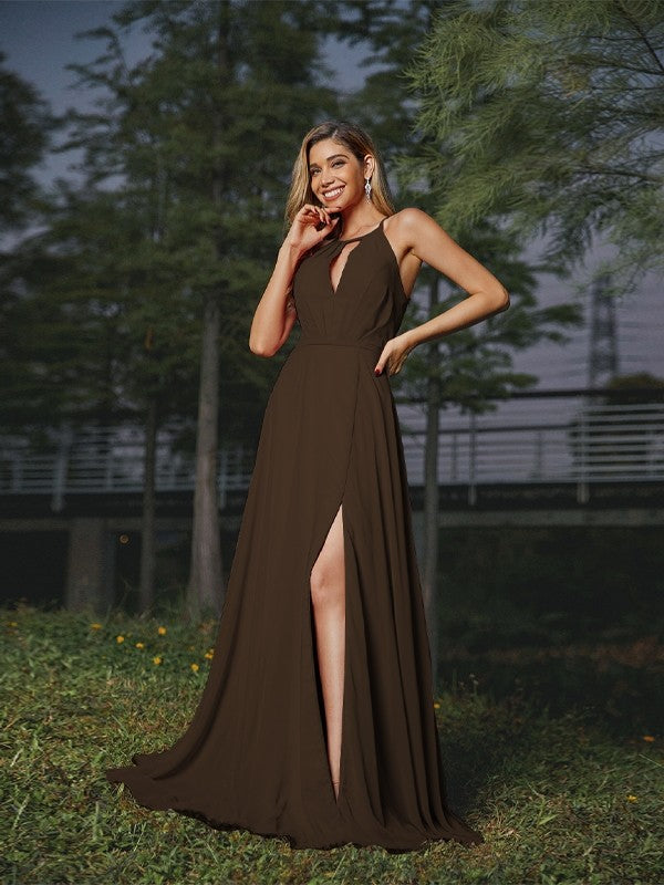 A-Line/Princess Chiffon Ruched Scoop Sleeveless Sweep/Brush Train Bridesmaid Dresses Evening Prom Dress