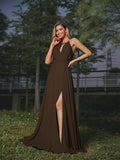 A-Line/Princess Chiffon Ruched Scoop Sleeveless Sweep/Brush Train Bridesmaid Dresses Evening Prom Dress