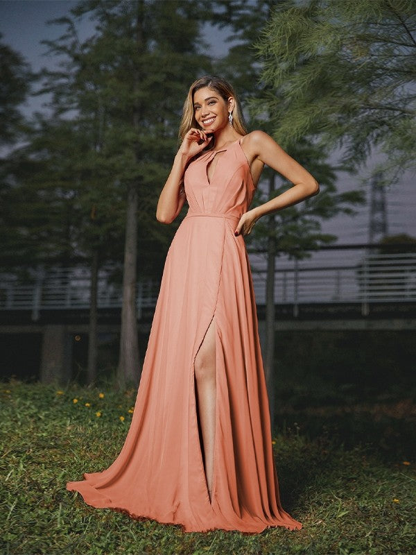A-Line/Princess Chiffon Ruched Scoop Sleeveless Sweep/Brush Train Bridesmaid Dresses Evening Prom Dress
