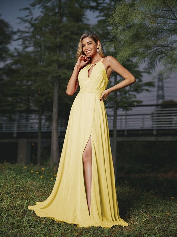 A-Line/Princess Chiffon Ruched Scoop Sleeveless Sweep/Brush Train Bridesmaid Dresses Evening Prom Dress