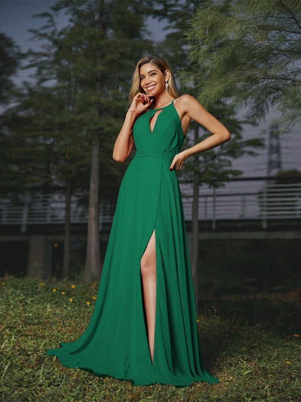 A-Line/Princess Chiffon Ruched Scoop Sleeveless Sweep/Brush Train Bridesmaid Dresses Evening Prom Dress