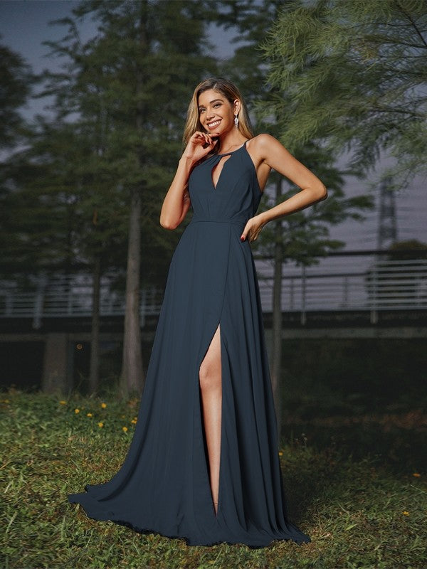 A-Line/Princess Chiffon Ruched Scoop Sleeveless Sweep/Brush Train Bridesmaid Dresses Evening Prom Dress