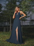A-Line/Princess Chiffon Ruched Scoop Sleeveless Sweep/Brush Train Bridesmaid Dresses Evening Prom Dress