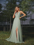 A-Line/Princess Chiffon Ruched Scoop Sleeveless Sweep/Brush Train Bridesmaid Dresses Evening Prom Dress