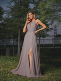 A-Line/Princess Chiffon Ruched Scoop Sleeveless Sweep/Brush Train Bridesmaid Dresses Evening Prom Dress