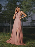 A-Line/Princess Chiffon Ruched Scoop Sleeveless Sweep/Brush Train Bridesmaid Dresses Evening Prom Dress