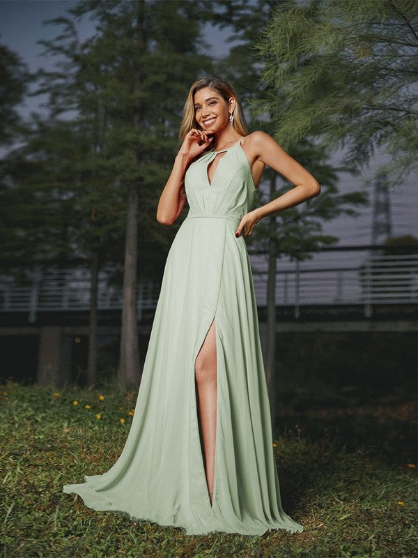 A-Line/Princess Chiffon Ruched Scoop Sleeveless Sweep/Brush Train Bridesmaid Dresses Evening Prom Dress