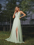A-Line/Princess Chiffon Ruched Scoop Sleeveless Sweep/Brush Train Bridesmaid Dresses Evening Prom Dress