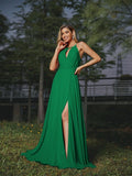 A-Line/Princess Chiffon Ruched Scoop Sleeveless Sweep/Brush Train Bridesmaid Dresses Evening Prom Dress