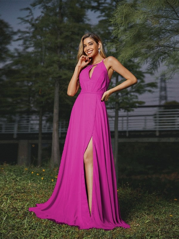 A-Line/Princess Chiffon Ruched Scoop Sleeveless Sweep/Brush Train Bridesmaid Dresses Evening Prom Dress