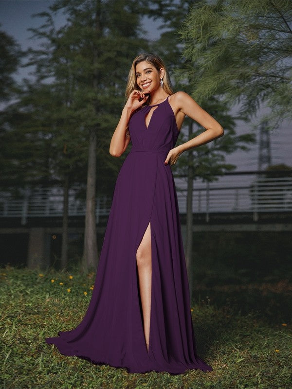 A-Line/Princess Chiffon Ruched Scoop Sleeveless Sweep/Brush Train Bridesmaid Dresses Evening Prom Dress