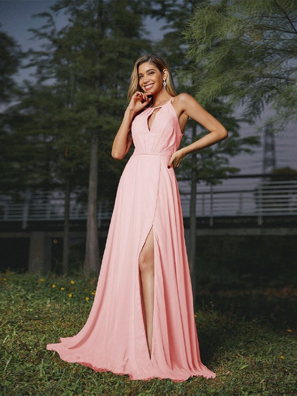 A-Line/Princess Chiffon Ruched Scoop Sleeveless Sweep/Brush Train Bridesmaid Dresses Evening Prom Dress