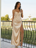 Sheath/Column Silk like Satin Ruched V-neck Sleeveless Floor-Length Bridesmaid Dresses Evening Dress