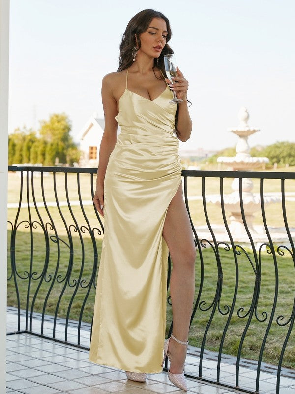 Sheath/Column Silk like Satin Ruched V-neck Sleeveless Floor-Length Bridesmaid Dresses Evening Dress
