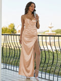 Sheath/Column Silk like Satin Ruched V-neck Sleeveless Floor-Length Bridesmaid Dresses Evening Dress