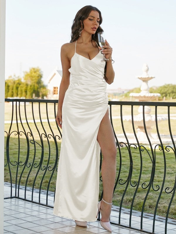 Sheath/Column Silk like Satin Ruched V-neck Sleeveless Floor-Length Bridesmaid Dresses Evening Dress