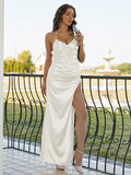 Sheath/Column Silk like Satin Ruched V-neck Sleeveless Floor-Length Bridesmaid Dresses Evening Dress