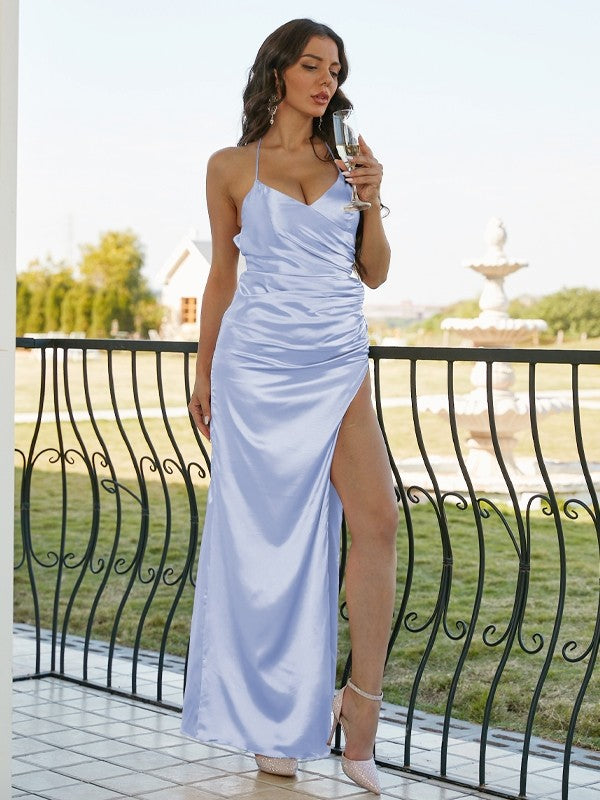 Sheath/Column Silk like Satin Ruched V-neck Sleeveless Floor-Length Bridesmaid Dresses Evening Dress