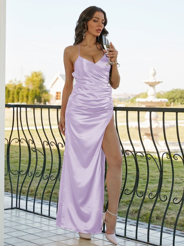 Sheath/Column Silk like Satin Ruched V-neck Sleeveless Floor-Length Bridesmaid Dresses Evening Dress