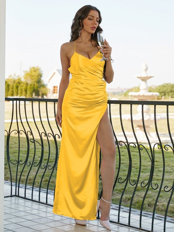 Sheath/Column Silk like Satin Ruched V-neck Sleeveless Floor-Length Bridesmaid Dresses Evening Dress