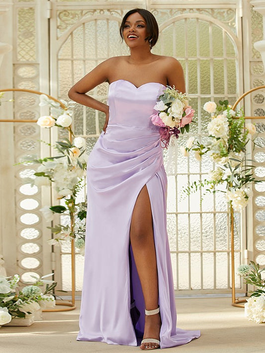 Sheath/Column Silk like Satin Ruched Sweetheart Sleeveless Sweep/Brush Train Bridesmaid Dresses Evening Dress