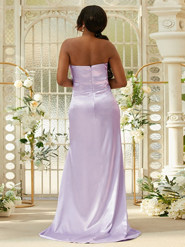 Sheath/Column Silk like Satin Ruched Sweetheart Sleeveless Sweep/Brush Train Bridesmaid Dresses Evening Dress