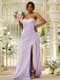 Sheath/Column Silk like Satin Ruched Sweetheart Sleeveless Sweep/Brush Train Bridesmaid Dresses Evening Dress