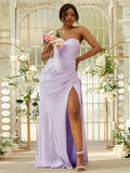Sheath/Column Silk like Satin Ruched Sweetheart Sleeveless Sweep/Brush Train Bridesmaid Dresses Evening Dress