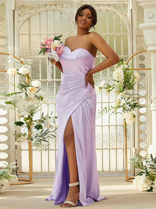 Sheath/Column Silk like Satin Ruched Sweetheart Sleeveless Sweep/Brush Train Bridesmaid Dresses Evening Dress