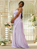 Sheath/Column Silk like Satin Ruched Sweetheart Sleeveless Sweep/Brush Train Bridesmaid Dresses Evening Dress