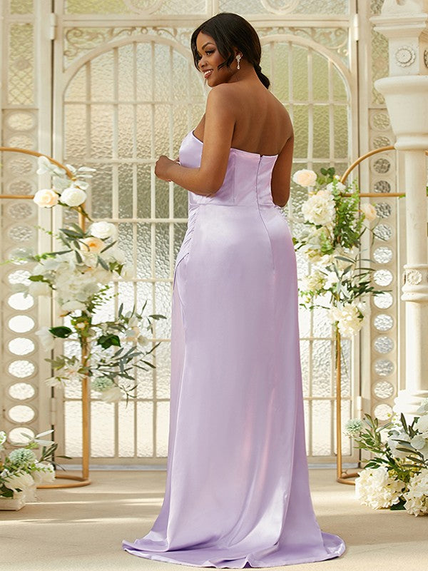 Sheath/Column Silk like Satin Ruched Sweetheart Sleeveless Sweep/Brush Train Bridesmaid Dresses Evening Dress