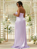Sheath/Column Silk like Satin Ruched Sweetheart Sleeveless Sweep/Brush Train Bridesmaid Dresses Evening Dress