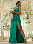 Sheath/Column Polyester Ruched Sweetheart Sleeveless Sweep/Brush Train Bridesmaid Dresses Evening Dress
