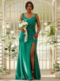 Sheath/Column Polyester Ruched Sweetheart Sleeveless Sweep/Brush Train Bridesmaid Dresses Evening Dress