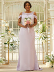 Sheath/Column Stretch Crepe Lace Scoop Sleeveless Sweep/Brush Train Bridesmaid Dresses Evening Dress